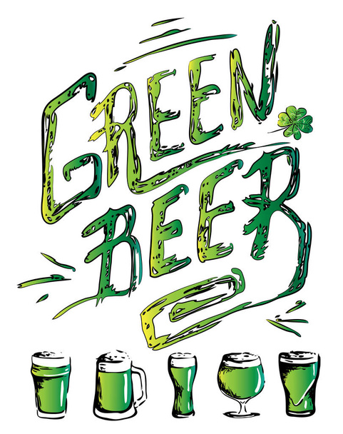 Hand drawn ink style isolated lettering illustration vector green beer and glasses. Saint Patrick day celebration or craft draft beer event festival. For pub bar restaurant menu or poster - Вектор,изображение