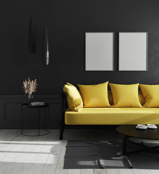 黒壁と明るい黄色のソファ、スカンディナヴィアスタイル、 3Dイラストと現代の豪華なリビングルームのインテリアでモックアップ空の垂直ポスターフレーム - 写真・画像