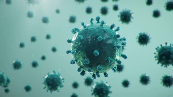 Uitbraak van het coronavirus, griepvirus en 2019-nCov. Concept van een pandemie, epidemie voor menselijke cellen. COVID-19 onder de microscoop, ziekteverwekker die het ademhalingssysteem aantast. 3d illustratie - Video