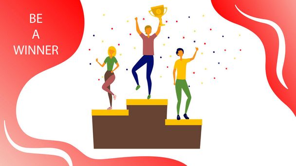 Concept Of Competitions, Challenge. Male And Female Characters Are Standing on the Prize Podium. People Stand on the Podium First, Second and Third Place. Cartoon Flat style. Vector illustration - Vector, afbeelding