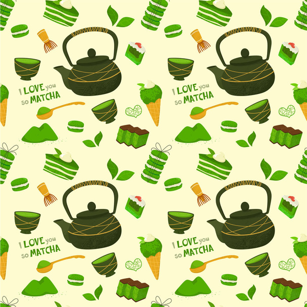Naadloos patroon met matcha thee en snoepjes met matcha thee. Vectorpatroon - Vector, afbeelding