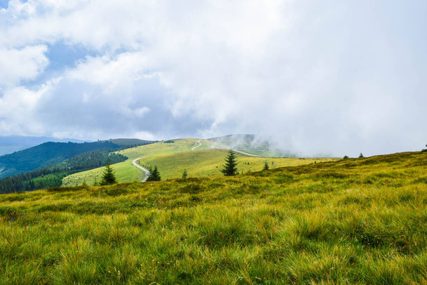 Fog and low clouds over the Transalpina serpentines road DN67C. This is one of the most beautiful alpine routes in Romania and the highest mountain asphalt road in Romania and  Carpathians mountains - Фото, изображение