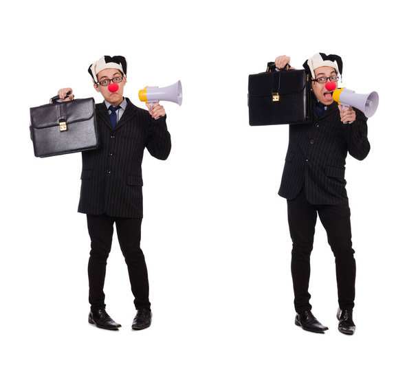 Businessman clown with loudspeaker on white - Foto, afbeelding