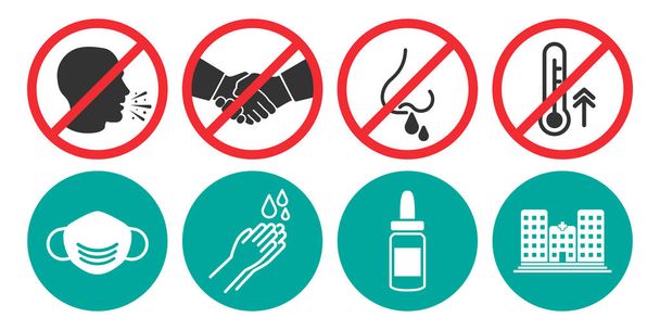Eine Reihe verbotener Symbole. Kein Husten, kein Händedruck, keine laufende Nase, kein Fieber. Medizinische Maske, Händewaschen, Nasenspray, Krankenhaus - Vektor, Bild