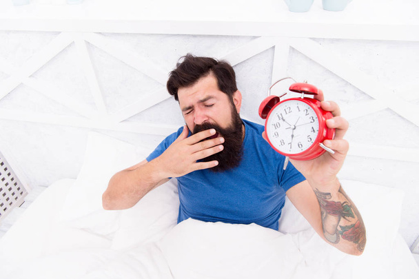 Why you suffering in mornings. Get up with alarm clock. Waking up early. Man bearded sleepy face bed with alarm clock in bed. Terrible noise. Turn off ringing. Problem early morning awakening - Zdjęcie, obraz