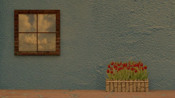 De 3d weergave van het raam met reflectie en beauticul tulp naast de muur - Foto, afbeelding