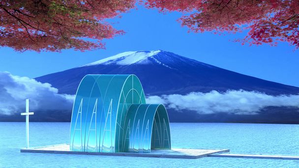 Le rendu 3d de belle église en verre fait dans la piscine avec un beau fond
 - Photo, image
