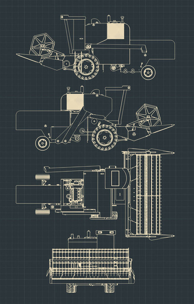 Stylized vector illustrations of a Combine Harvester blueprints - Vector, Image