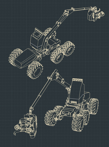 Stylized vector illustrations of a forest harvester machine colorful blueprints - Vector, Image