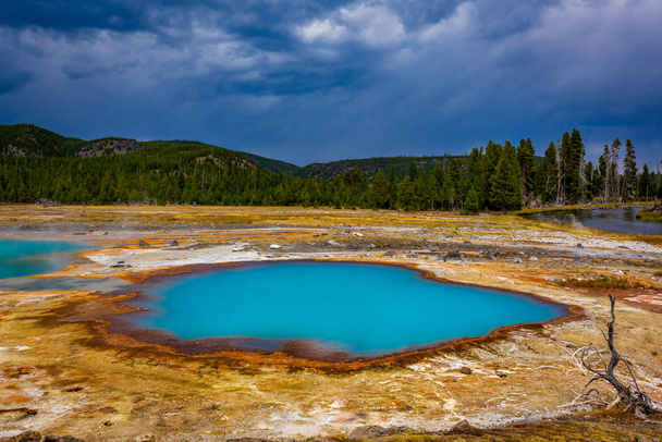 Black Opal Pool ist ein schillernd blauer heißer Pool im Biscuit Basin, Yellowstone National Park - Foto, Bild