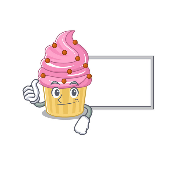 Thumbs up of strawberry cupcake cartoon design having a board - Vektor, obrázek