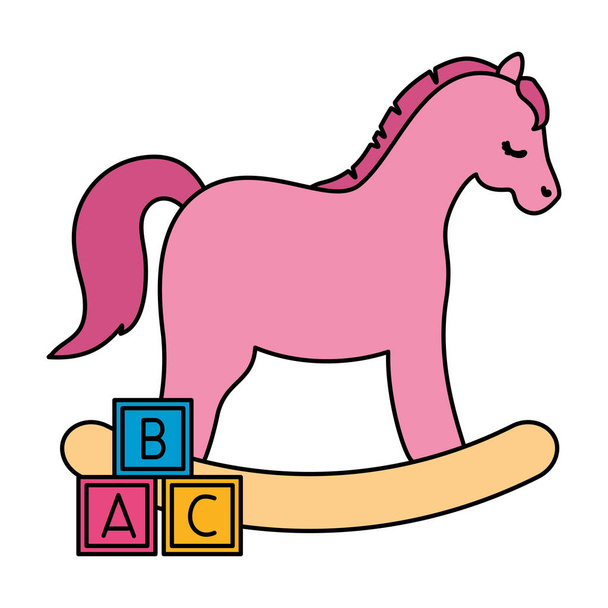 木製の馬のおもちゃピンクでキューブのおもちゃ孤立アイコン - ベクター画像