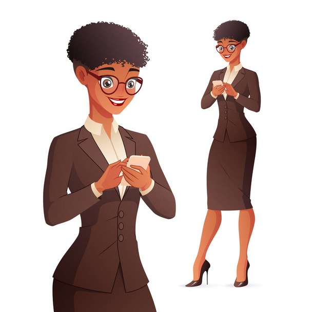 Улыбающаяся чернокожая деловая женщина пишет смс на смартфоне. Изолированная векторная иллюстрация
. - Вектор,изображение