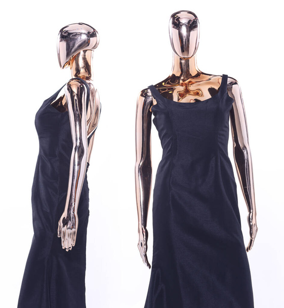 Full length portrait of Metallic Mannequin, Shinny Reflection Model, Crystal Clear for Dark Blue lace evening gown long ball or sewing pattern. studio lighting Isolated white background copy space - Photo, image