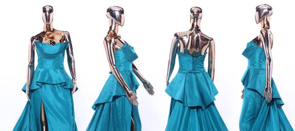 Volledig portret van Metallic Mannequin, Shinny Reflection Model, Crystal Clear voor Green Silk lace avondjurk lange bal of naaipatroon. studio verlichting Geïsoleerde witte achtergrond kopieerruimte - Foto, afbeelding