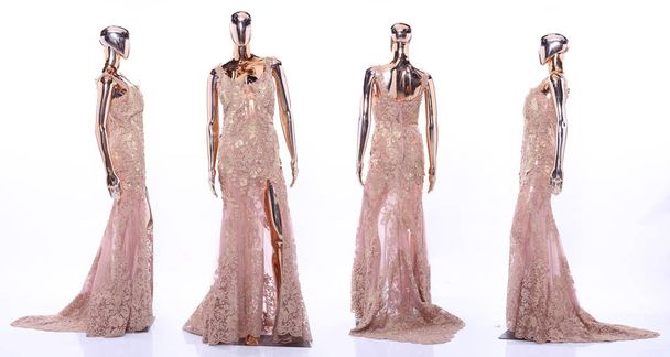 Full length portrait of Metallic Mannequin, Shinny Reflection Model, Crystal Clear for Pink Rose lace evening gown long ball or sewing pattern. studio lighting Isolated white background copy space - Foto, imagen