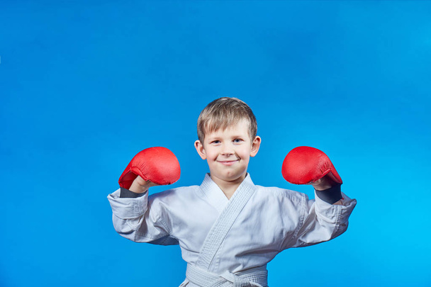 Em karategi e com forros vermelhos em suas mãos, um atleta fica em um fundo azul claro.
 - Foto, Imagem