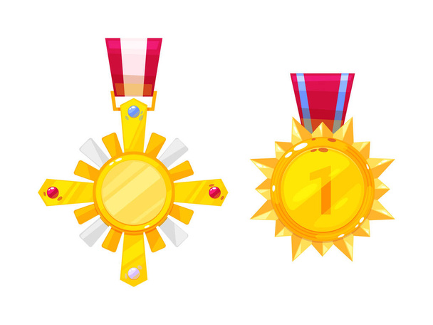 Realistic gold medal, order, award, with red ribbon. - Vector, imagen