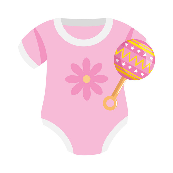 cute clothes baby girl with rattle isolated icon - ベクター画像