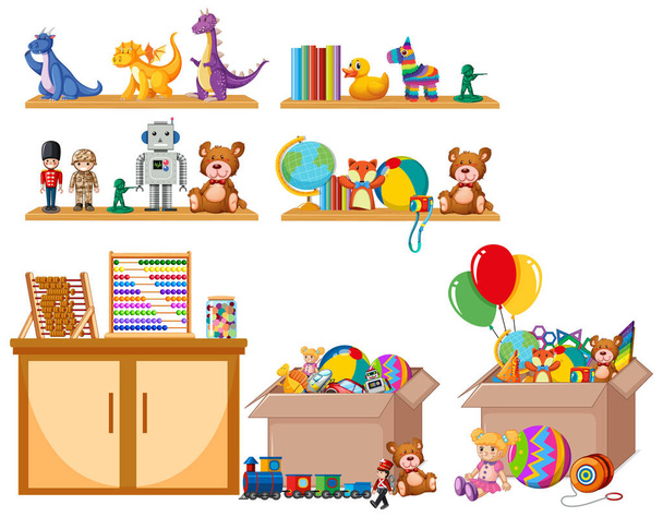 Conjunto de juguetes en el estante y en las cajas ilustración - Vector, imagen