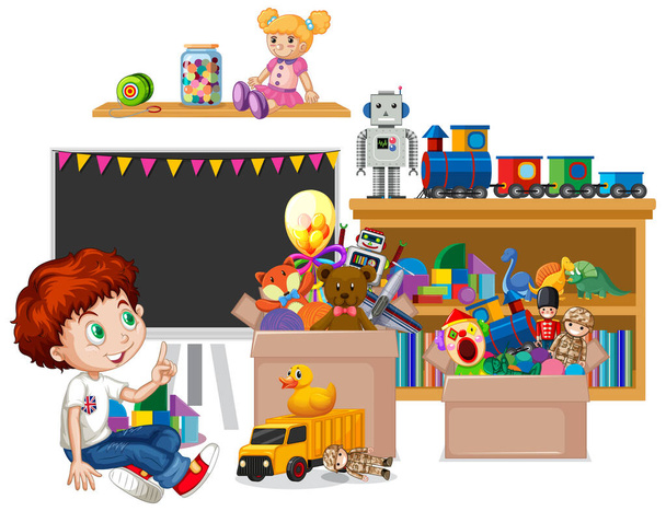Полка с книгами и игрушками на белом фоне иллюстрации - Вектор,изображение
