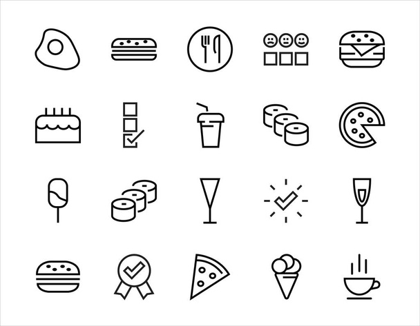 Un simple conjunto de iconos de comida rápida relacionados con la línea vectorial. Contiene iconos como pizza, hamburguesa, sushi, bicicleta, huevos revueltos y más. ACV EDITABLE. 480x480 píxeles perfectos, EPS 10. - Vector, imagen