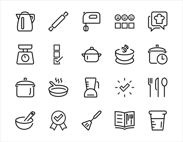 Állítsa be ikonok főzés és a konyha, vektor vonalak, tartalmaz ikonok, mint a kés, csészealj, forralási idő, keverő, mérlegek, receptkönyv. Szerkeszthető stroke, tökéletes 480x480 pixel, fehér háttér. - Vektor, kép