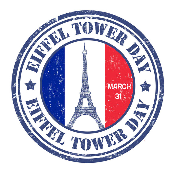 Eiffel Tower Day σημάδι ή σφραγίδα σε λευκό φόντο, διανυσματική απεικόνιση - Διάνυσμα, εικόνα
