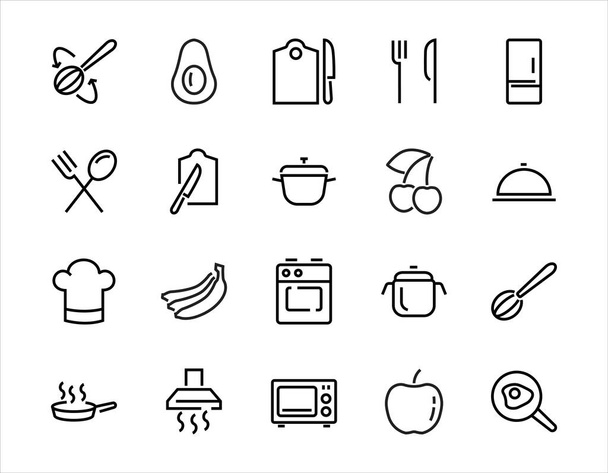   Ensemble d'icônes de cuisine et de cuisine, lignes vectorielles, contient des icônes telles que poêle, friture, micro-ondes, fourchette avec cuillère, touche modifiable, parfait 480x480 pixels, fond blanc. - Vecteur, image