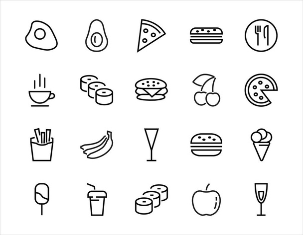 Een eenvoudige set van fast food iconen gerelateerd aan de vectorlijn. Bevat iconen zoals pizza, hamburger, sushi, fiets, roerei en meer. Aanpasbare beroerte. 480x480 pixels perfect, EPS 10. - Vector, afbeelding