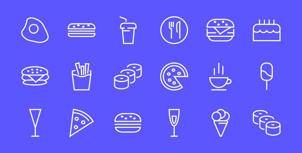   Prosty zestaw ikon fast food związanych z linią wektorową. Zawiera ikony, takie jak pizza, burger, sushi, rower, jajecznica i więcej. Edytowalny udar. 480x480 pikseli doskonała, EPS 10 - Wektor, obraz