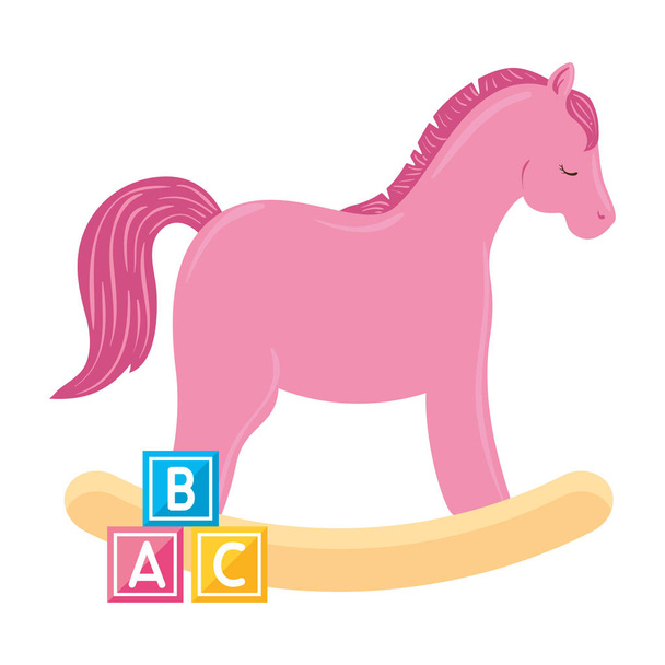 houten paard speelgoed roze met blokjes speelgoed geïsoleerde pictogram - Vector, afbeelding