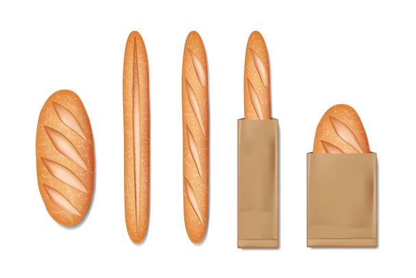 Csomagolt francia bagett kenyér. Finom péksütemények reggelire. Reális bagett kenyér és kenyér elszigetelve. vektor illusztráció - Vektor, kép