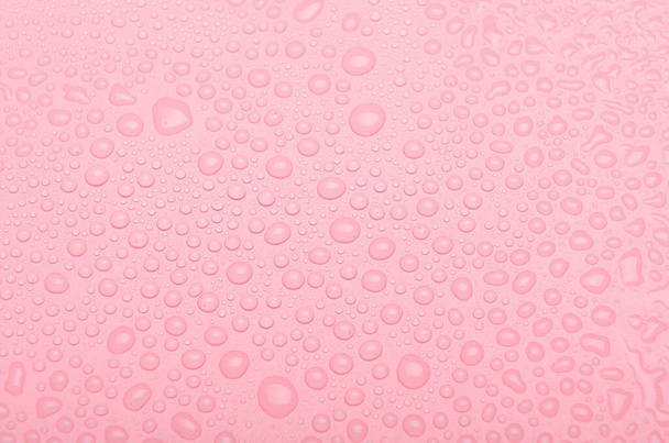 Krople wody na różowym tle. Widok z góry. - Zdjęcie, obraz