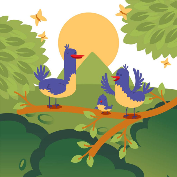 Птицы на векторной иллюстрации завтрака на дереве, милые персонажи из семейства птиц между зелеными листьями и желтыми бабочками
. - Вектор,изображение