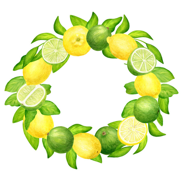 Vápenec akvarel a citron s listovým věncem. Ručně malované čerstvé zelené a žluté citrusové plody kulatý rám izolované na bílém pozadí pro balení, balení, karty, dekorace - Fotografie, Obrázek