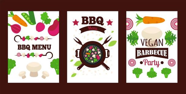 Vegetarische barbecue banner, veganistische grill menu cover template, set van platte stijl pictogrammen, vector illustratie - Vector, afbeelding