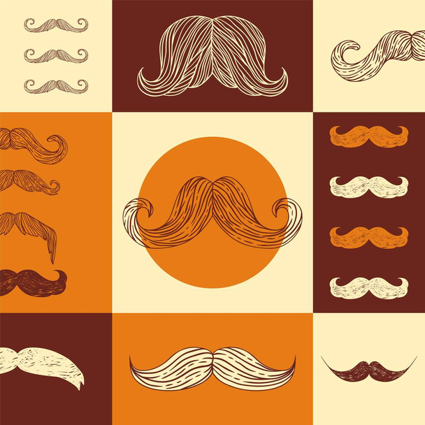 Mustache pattern vector illustration, retro background design patterned in man moustache in hipster vintage style. - Vector, Image