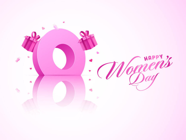 Pink Happy Women's Day Font with 3D 8 Number and Gift Boxes on Glossy Pink and White Background. - Vector, Image