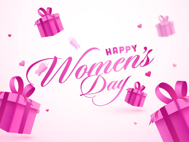 Pink Happy Women's Day Font with 3D Gift Boxes, Hearts and Paper Butterflies Decorated on White Background. - Vecteur, image