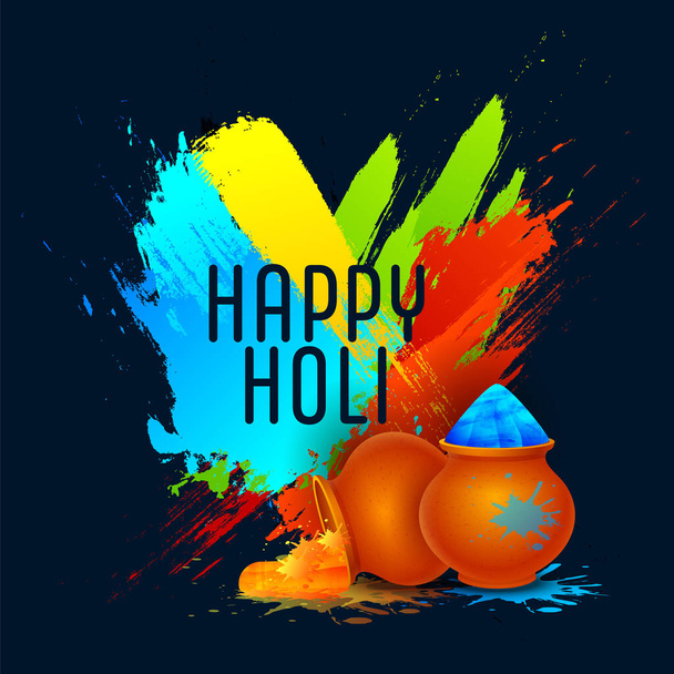 Happy Holi Fond de célébration avec effet coup de pinceau coloré et pots de boue pleins de couleur sèche
. - Vecteur, image