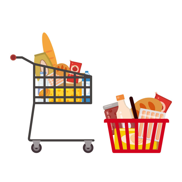 Set Supermercado auto-serviço carrinho de compras cestas carrinho de supermercado completo produtos alimentícios. Ilustração isolada do vetor
 - Vetor, Imagem