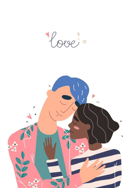 Lovers man and black african american woman hug. Happy multiracial family concept. - Vektor, obrázek