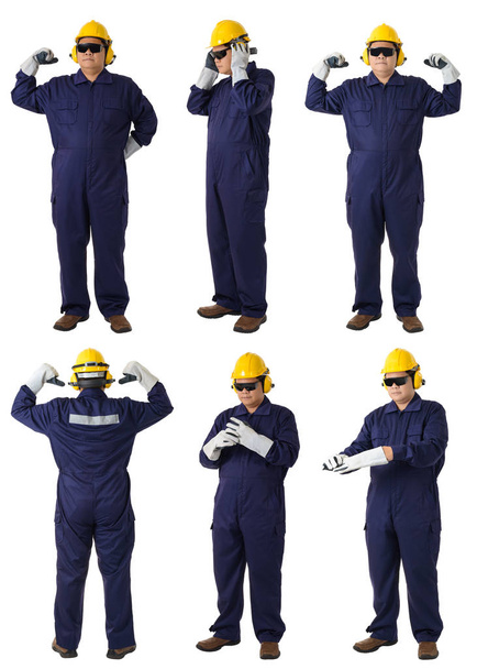 conjunto de coleção de retrato de corpo inteiro de um trabalhador em macacão mecânico com capacete e óculos de segurança isolados em fundo branco - Foto, Imagem