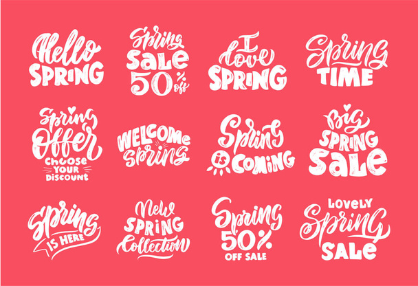 Spring sale promo lettering logos set. Big seasonal shopping event hand drawn stickers pack. Special price offer labels. New clothing collection ads. Hello spring postcard design elements - Fotoğraf, Görsel