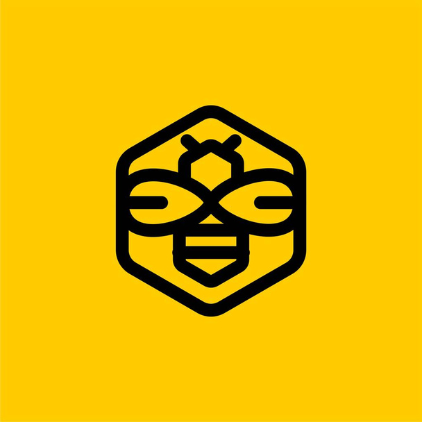 六角形のラインロゴデザインベクトルでビー。蜂の蜂蜜のイラストサイン。ビーホーム六角形のロゴデザイン。黄色い蜂の輪郭のロゴベクトル. - ベクター画像