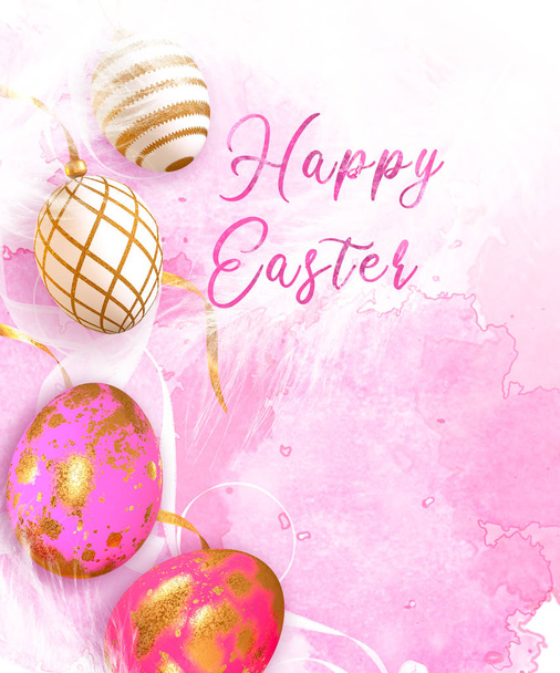 Osterfest eleganten Hintergrund, dekorative Eier mit einem goldenen Muster bemalt, Federn, Bänder, Hintergrund aus Aquarell rosa Pastellflecken, Blumen, Mischtechnik, 3D-Rendering - Foto, Bild