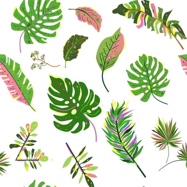 Tropical leaves seamless pattern with many plants. Vector graphic illustration with hand drawn design for the wallpaper or banner. - Вектор, зображення