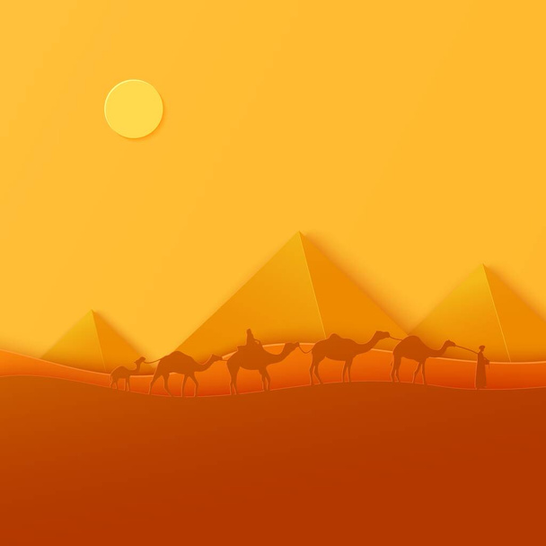 Traditionele caravan lopen gooien Egyptische woestijn in papercut stijl. Uitgesneden ambachtelijke achtergrond panorama van oude piramides. Vector abstract papier gesneden zonsondergang met paardrijden kameel mensen. Wild leven woestijn. - Vector, afbeelding