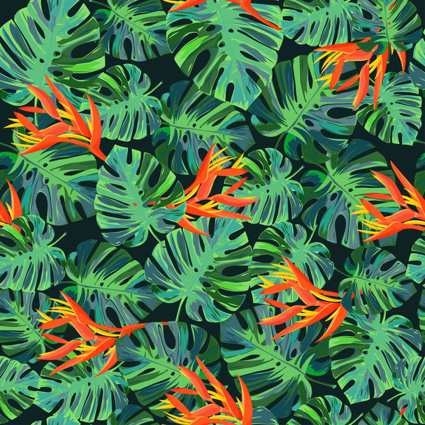 Summer dark background. Seamless pattern with exotic plants. - Vector, afbeelding